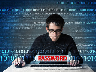 Aufkleber - Young geek hacker stealing password