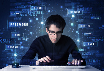 Fototapete - Hacker programing in technology enviroment with cyber icons
