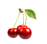 Fototapeta  - Three sweet cherries with the leaf  on a white background