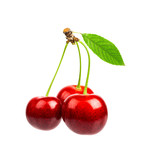 Fototapeta  - Three sweet cherries with the leaf  on a white background