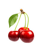 Fototapeta  - Three sweet cherries with the leaf on a white background