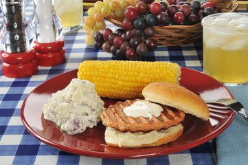 Canvas Print - Salmon burger with potato salad