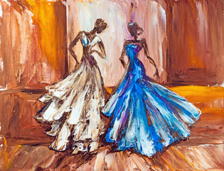 Two beautiful women at the ball. Oil painting.