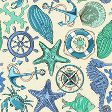 Seamless Pattern Of Sea Animals And Nautical Elements