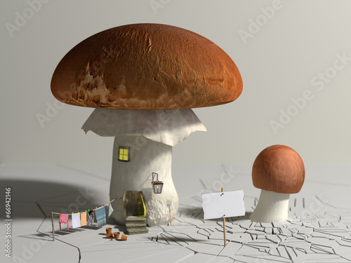 Fotografie, Obraz Mushroom house with a blank sign outside.