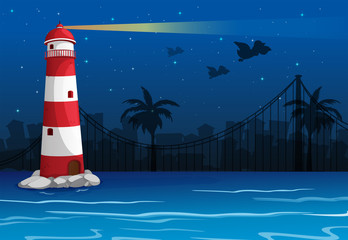 Wall Mural - A bright lighthouse in the middle of the sea