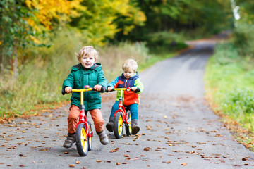 Wall Mural - Two active brother boys having fun on bikes in autumn forest