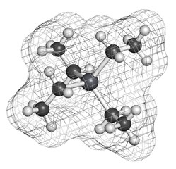 Tetraethyllead gasoline octane booster molecule.