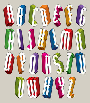 3d font, vector tall thin letters, geometric dimensional alphabe