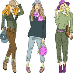 Vector beautiful fashion girls top models in hats and pants