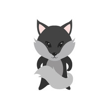 Flat Vector Cartoon Illustration Of Cute Wolf Posing
