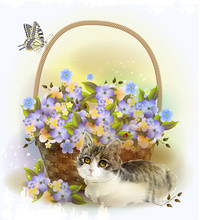 Kitten And Basket With Violet Flowers