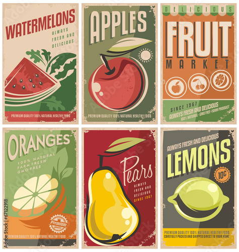 Naklejka - mata magnetyczna na lodówkę Collection of retro fruit poster designs