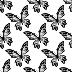 Canvas Print - Black and white seamless pattern of butterflies