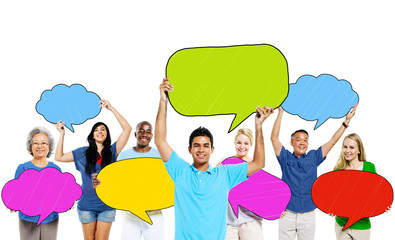 Sticker - Multi-Ethnic Group of People and Colorful Speech Bubbles