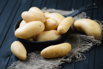 Wall Mural - Close-up of a cast-iron frying pan with raw potato, studio shot