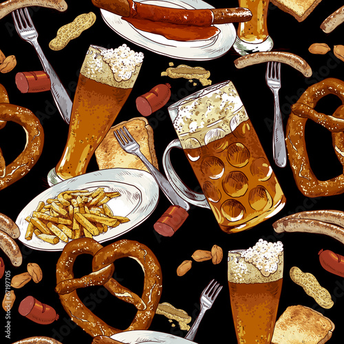 Naklejka - mata magnetyczna na lodówkę Seamless background with beer glasses, pretzel