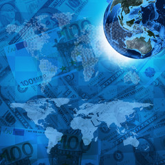 Earth, world map on money background