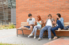 Students Friends Sitting Bench Outside Campus