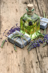 Canvas Print - essential lavender oil, herbal soap and bath salt