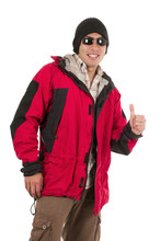 Young Man Posing Wearing Red Winter Coat