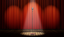 3d Stage With Red Curtain And Vintage Microphone In Spot Light