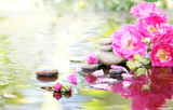 Fototapeta Kamienie - Spa stones with drops and rose in water