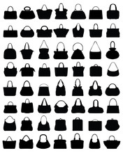 Black Silhouettes Of Purses And Handbags, Vector Illustration