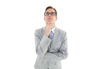 Poster - Geeky happy businessman thinking with hand on chin