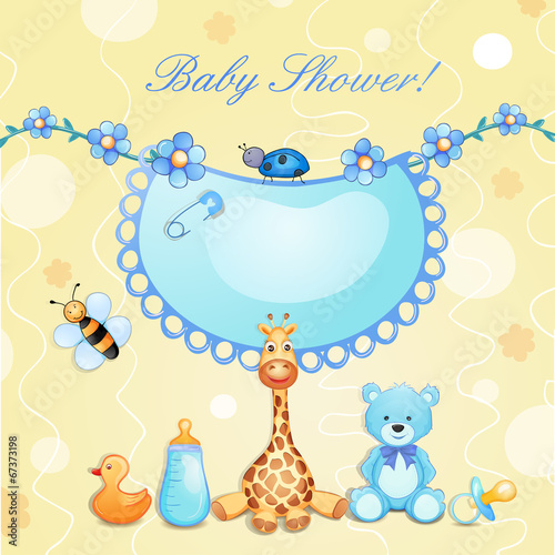 Fototapeta na wymiar Baby shower card with toys.