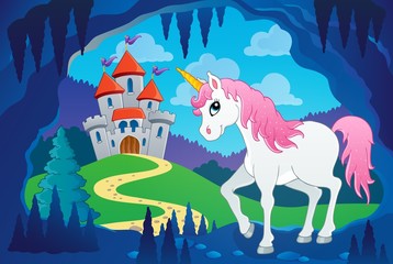 Canvas Print - Cute unicorn in fairy tale cave