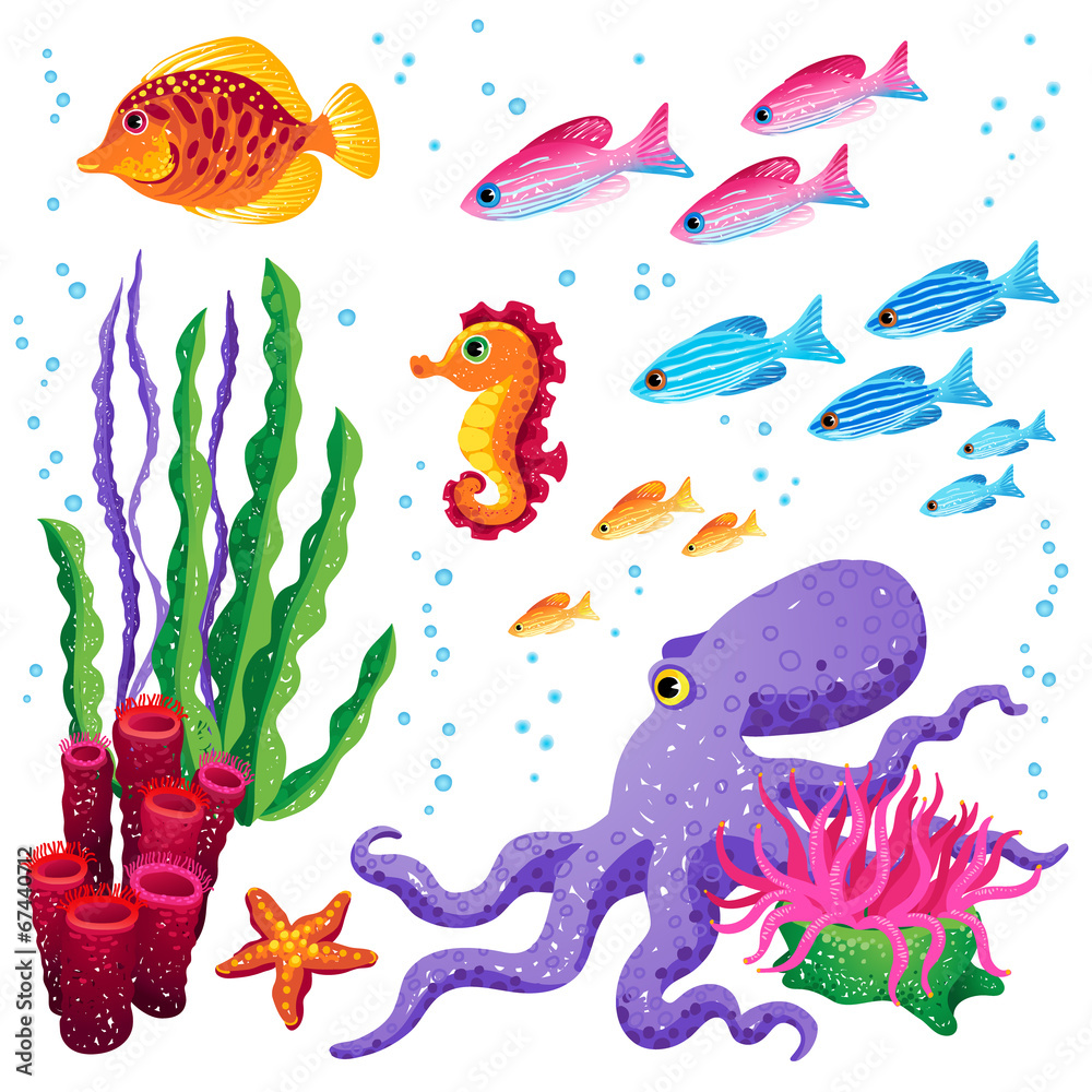 Vector set of sea animals and seaweeds. Marine life. Stock Vector ...