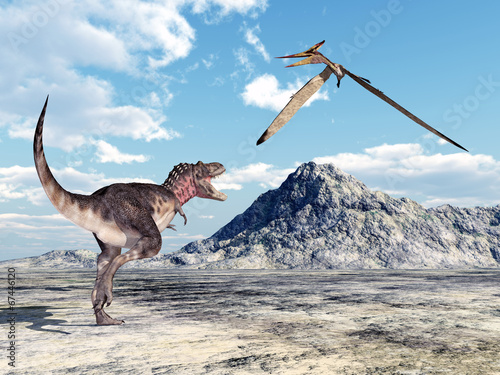 Nowoczesny obraz na płótnie Dinosaur Tarbosaurus and Pterosaur Pteranodon