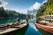 Long Tail Boats On Lake, Khao Sok National Park