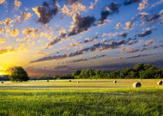 hay bales at sunrise