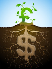 Wall Mural - Growing pound sign like plant with leaves and dollar like root