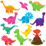 Fototapeta Dinusie - Vector Collection of Cute Cartoon Dinosaurs and a Volcano