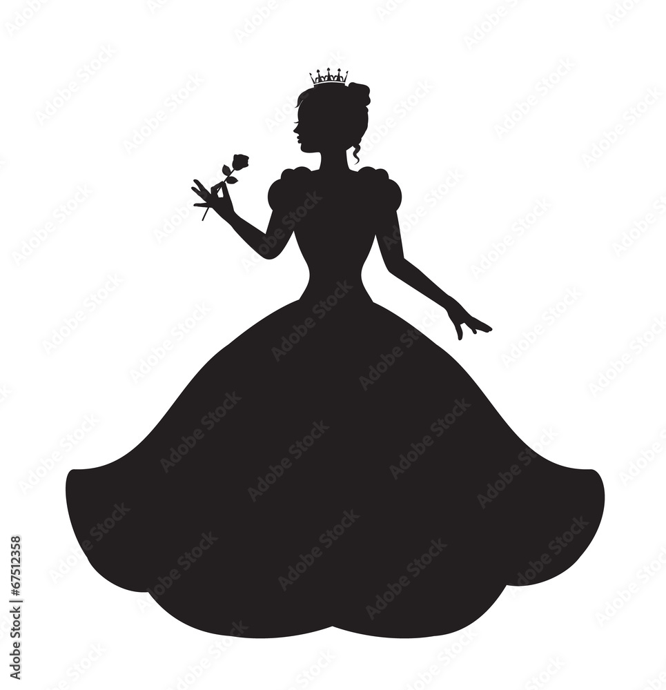 princess silhouette in long lush dress holding a rose Stock Vector | Adobe  Stock