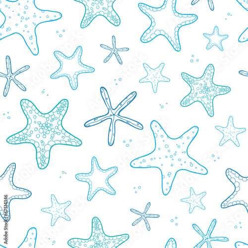 Fotografie, Obraz Starfish blue line art seamless pattern background