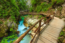 Wooden Bridge And Green River,Vintgar Gorge,Slovenia,Europe