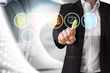 Aufkleber - Composite image of businessman standing and pointing at menu