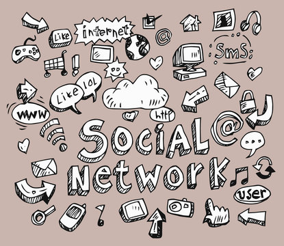 set of social media sign and symbol doodles