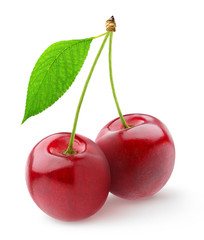 Fototapete - Isolated cherries. Pair of sweet cherry fruits with stems and leaf isolated on white background