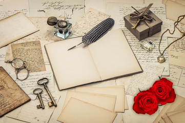 Wall Mural - diary book, old love letters and red rose flowers