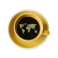 world map on cup of fresh espresso isolate on white