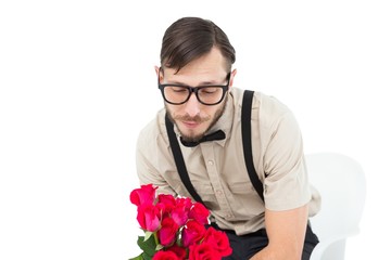 Poster - Geeky heartbroken hipster holding roses