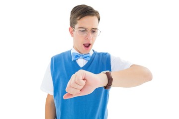 Poster - Geeky young hipster looking at the time
