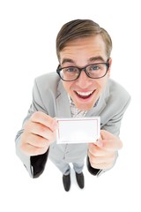 Poster - Geeky hipster smiling and showing card