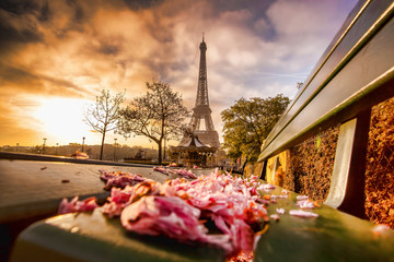 Fototapete - Eiffel Tower against sunrise in Paris, France