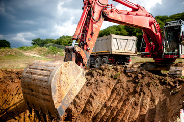 Wall Mural - industrial excavator digging a hole and loading earth